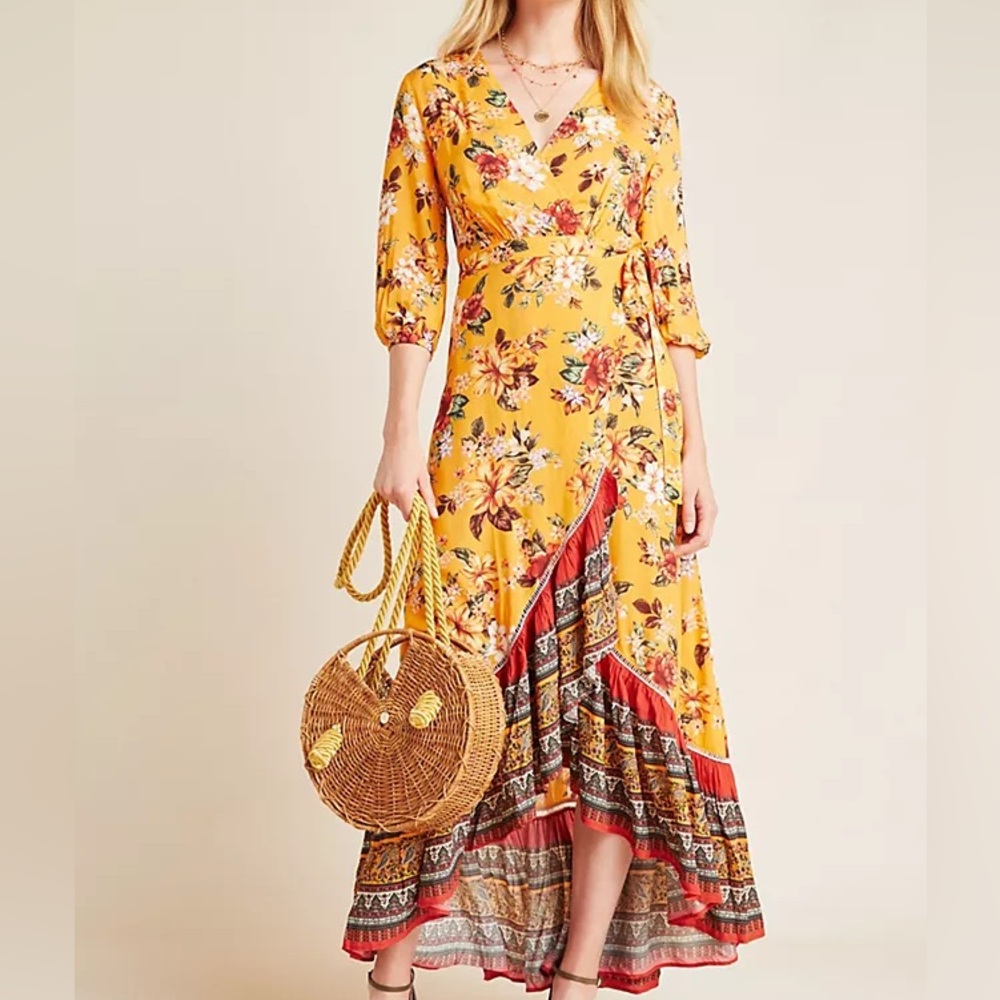 Farm Rio for Anthropologie - Soigne Maxi Wrap Dress - Yellow Orange Motif - XS